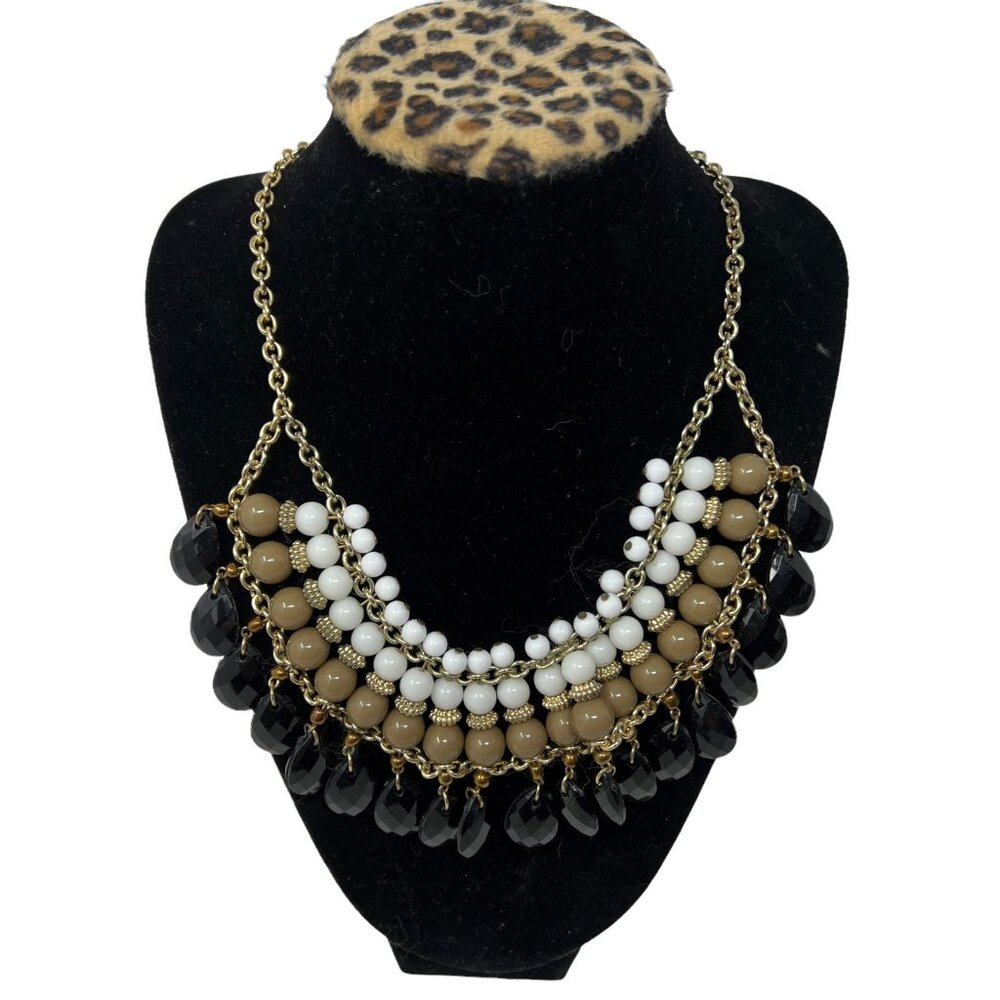Goldtone Necklace Black Tan White Beads Egyptian Statement Bib Pendant‎ Collar